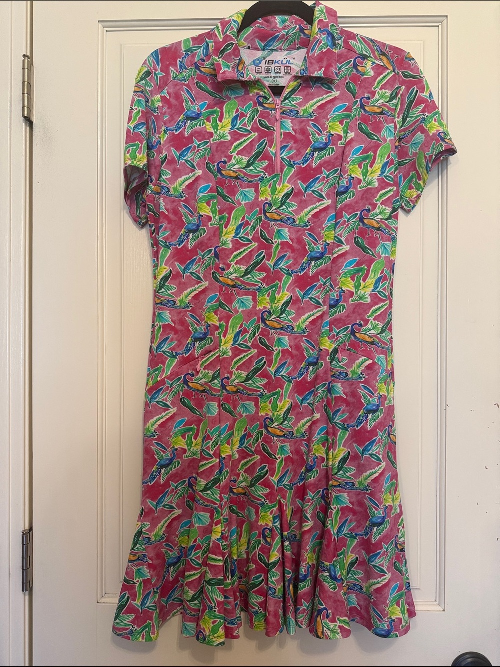 IBKUL Golf Dress - Pink Tropical Print Zip Polo
